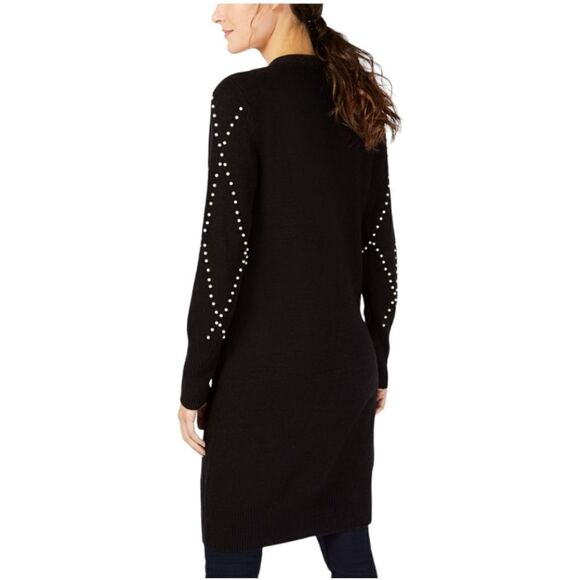 INC International Concepts Duster Cardigan Black Cashmere Blend Faux Pearls Med - Picture 2 of 13